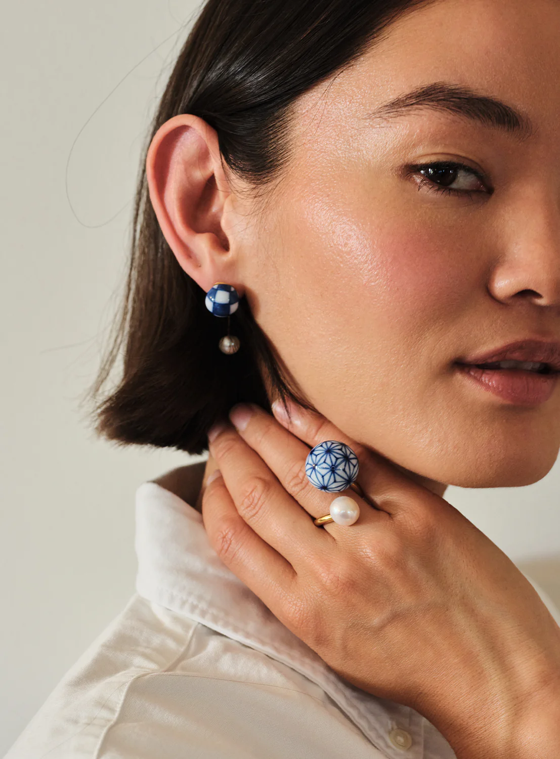 Arita Ware Motif Checkered Drop Pearl Earrings