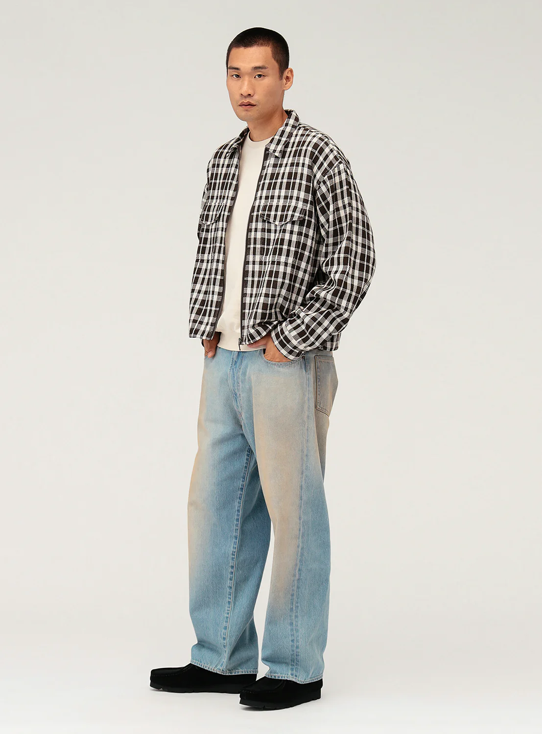 Mesh Checkered Zip Up Shirt