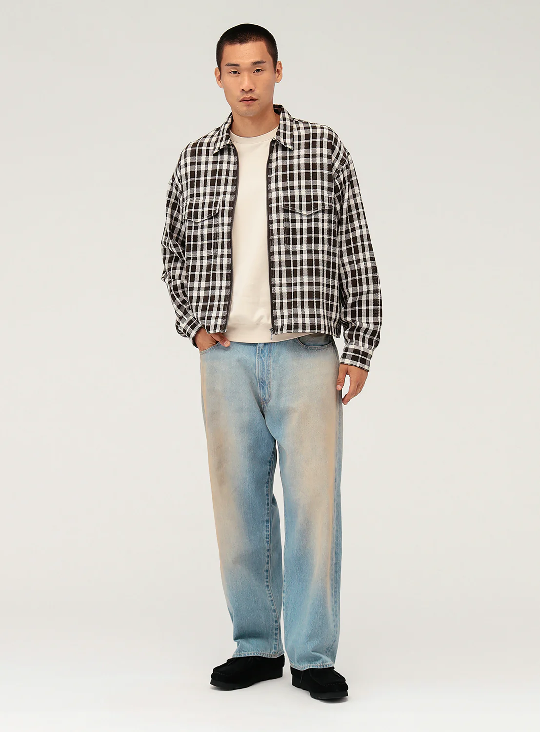 Mesh Checkered Zip Up Shirt