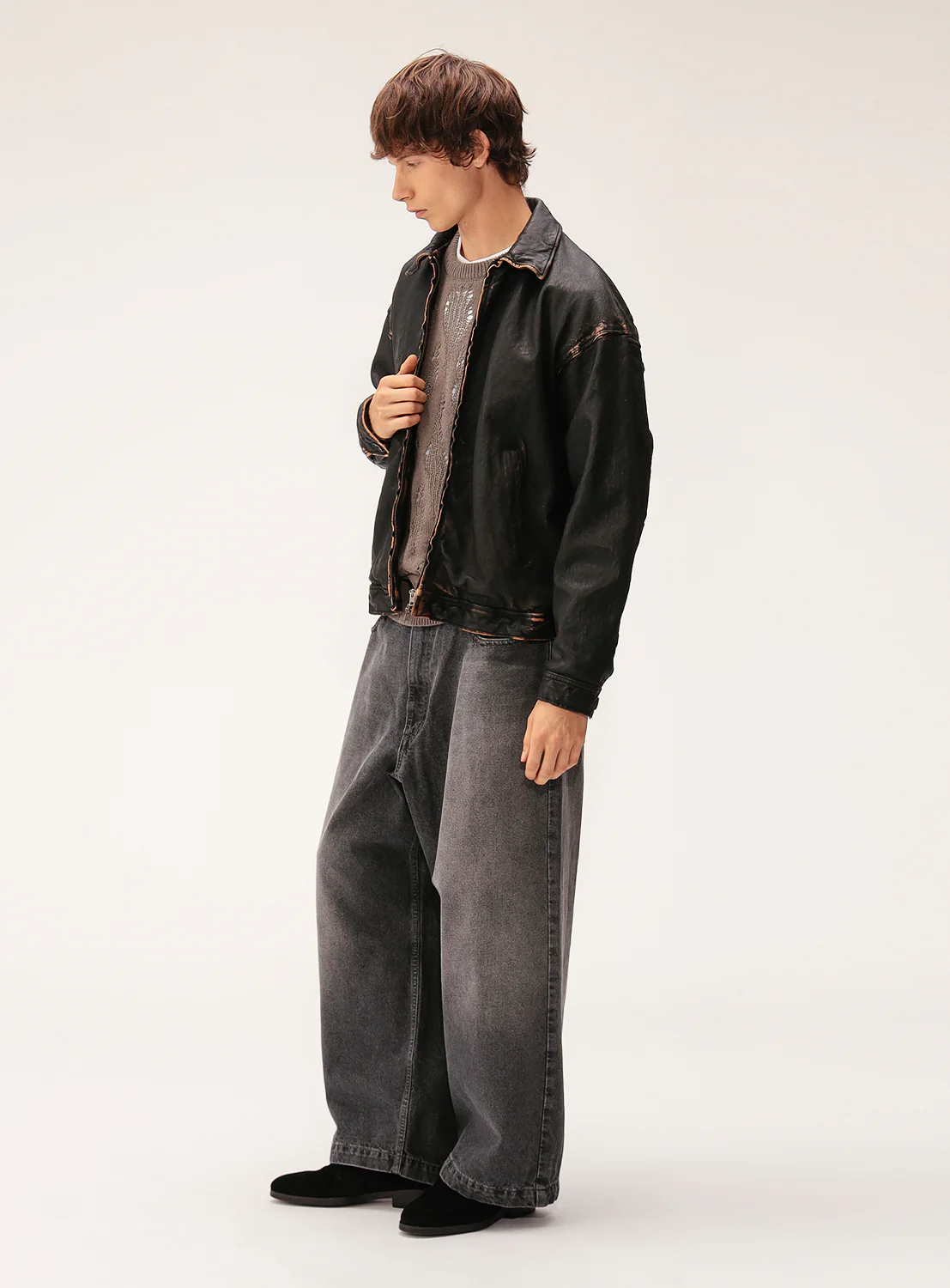 Distressed Leather Zip Jacket