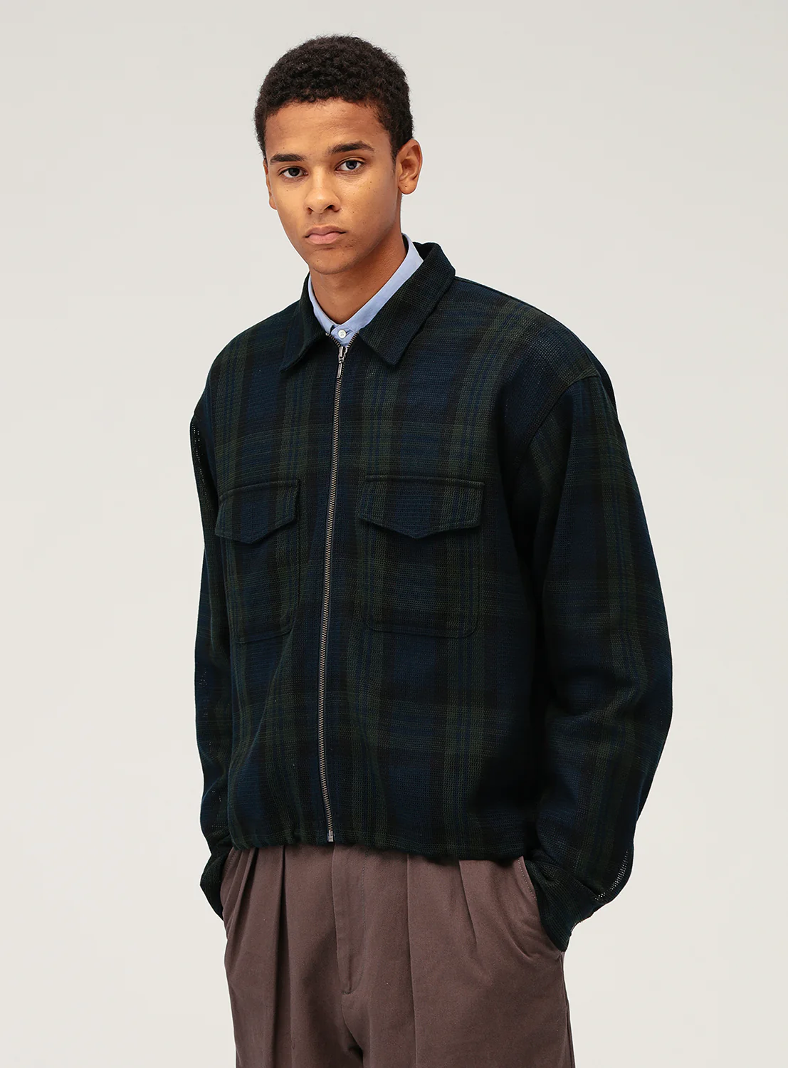 Mesh Checkered Zip Up Shirt